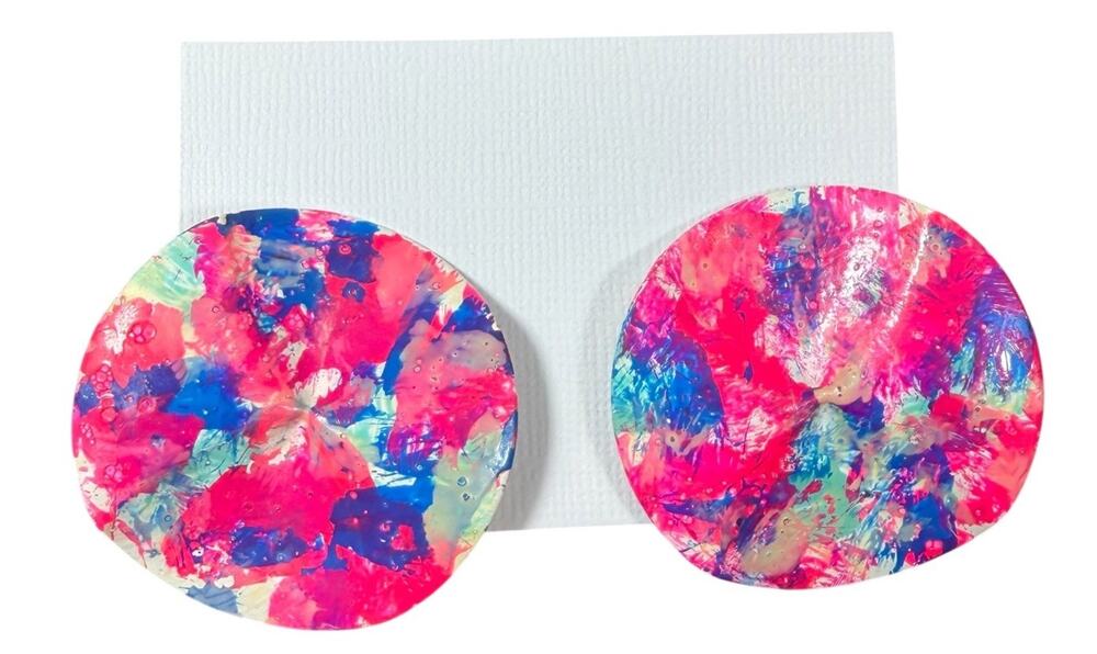 Large Colorful Disc Earrings Pink Blue Abstract Painted Statement Studs 1.5" 80s